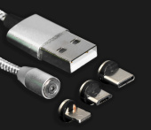 Кабель Windigo, 3 в 1, microUSB Lightning Type-C - USB, магнитный, 3А, нейлон, 1м, серебро 7108444 