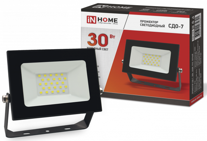 Прожектор диодный 30Вт СДО-7, IP65, 6500K, чёрный, In Home ...