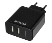 Сетевое зарядное устройство Krutoff, 2USB, 2.4A, черное  4669249 