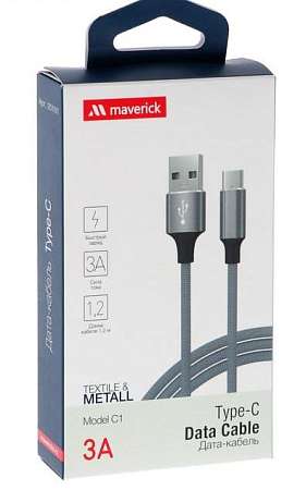 Кабель Maverick Textile & Metall C1, Type-C - USB, 3А, 1.2м, серый  4682967
