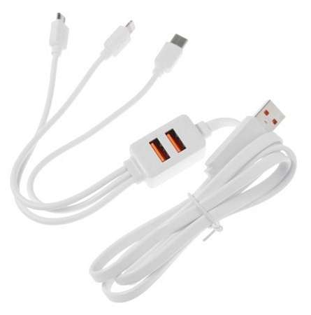 Кабель 3в1 "LuazON" micro USB /Lightning /Type-C - USB, 2А, 110см, 2 доп USB, белый  4487528