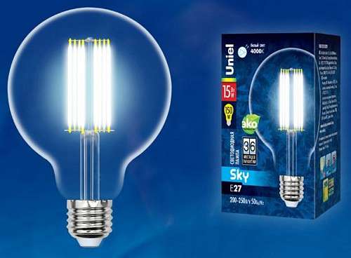 Лампа светодиодная Filament шар G-95 15W Е-27 UNEL sky белый свет UL-00004865